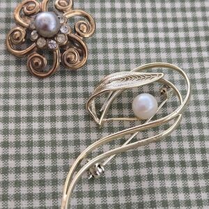 Elegant Gold and Silver Brooch Set with Pearls One Signed Cora